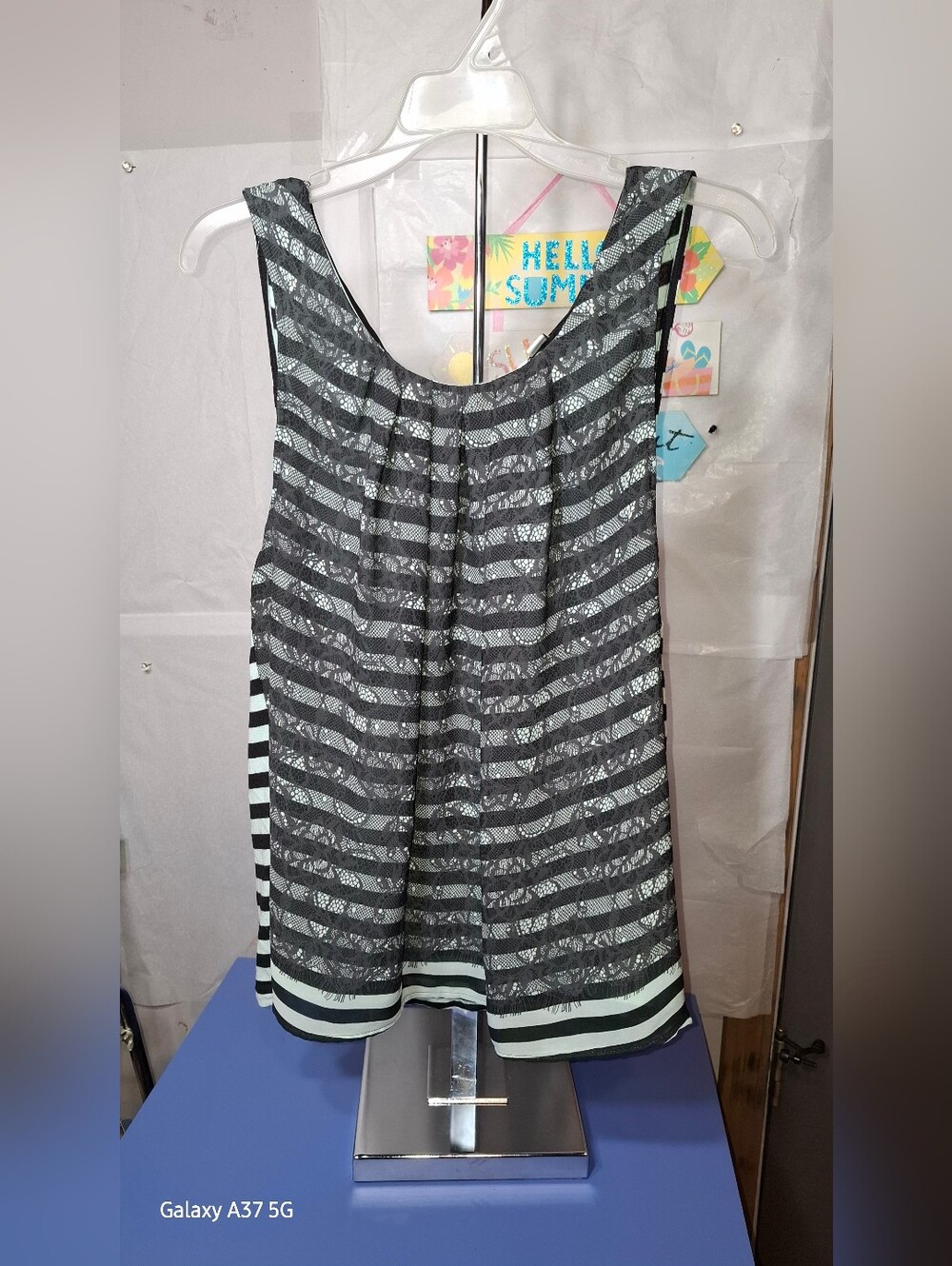 Elle Black Lace Overlay Tank W Light Mint Green Stripes- EUC